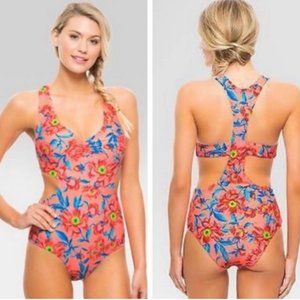 Tori Praver Cut Out Pink Floral One Piece Swimsuit | XL